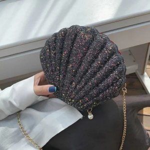 NEW clamp shell glitter black pearl mermaid bag
